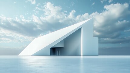 Architectural Marvel Under Azure Skies: A modern architectural marvel, characterized by clean lines and a striking minimalist design, stands proudly against a backdrop of a bright.