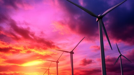 Vibrant Sunset Over Silhouetted Wind Turbines in a Colorful Sky