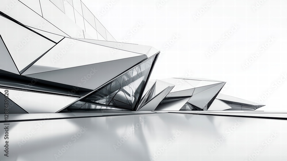 Poster modern architectural facade: abstract architectural design with angular,faceted metallic surfaces. t