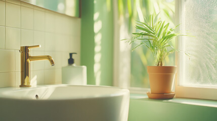 Fototapeta premium Retro sink area with golden faucet and sunlit window featuring potted plant