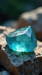 Glassy aquamarine stone embedded in a rough granite rock, aquamarine, granite