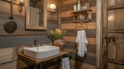 Rustic Bathroom Retreat: A cozy and inviting rustic bathroom, showcasing a charming combination of natural wood elements, warm lighting.