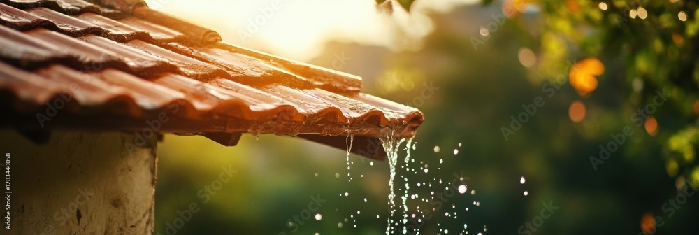 Poster Water droplets falling from a roof during sunset while nature glows in the background. Generative AI