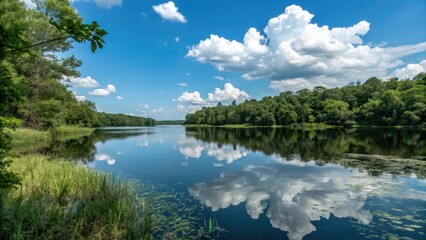 Fototapeta premium a calm and peaceful lake surface reflecting a clear blue sky with puffy white clouds and lush greenery, water, idyllic, greenery, clouds, sky