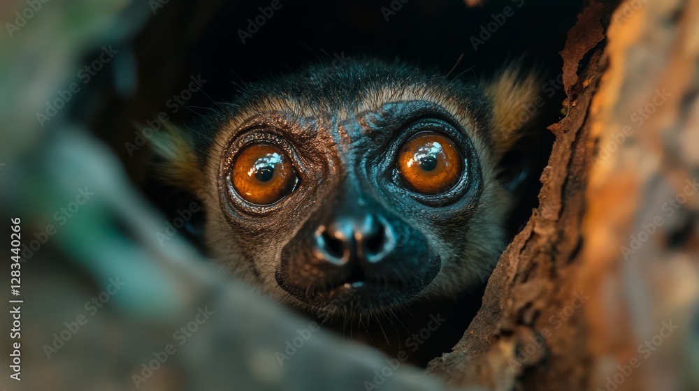 Poster baby monkey with big eyes peeking out from a hole in a tree trunk. concept of curiosity and playfuln