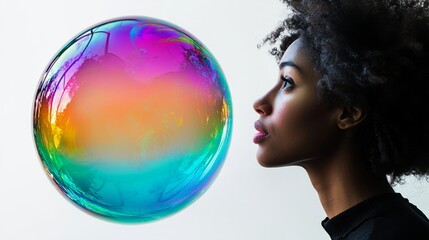 Naklejka premium Contemplating the vibrant dance of color in a soap bubble during a serene afternoon