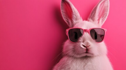 Fototapeta premium Rabbit wearing sunglasses and standing in front of a pink background. The rabbit is wearing pink sunglasses and he is enjoying the sunny day
