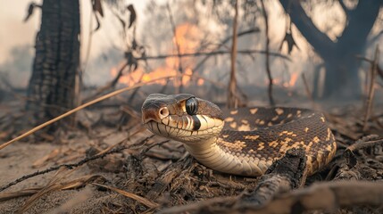 Fototapeta premium Snake in a charred landscape amidst a wildfire backdrop.