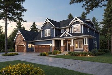 A perfect neighbourhood. Houses in suburb at Summer in the north America. Luxury houses with nice landscape