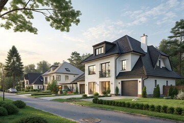 A perfect neighbourhood. Houses in suburb at Summer in the north America. Luxury houses with nice landscape