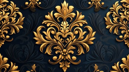 A vintage-inspired damask pattern with ornate detailing in gold and navy blue, perfect for luxury products or sophisticated, classic design projects.