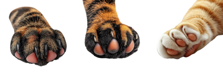 Playful cat paw reaching out for feline product label concept. Close up of three tiger paws displaying distinct fur patterns and claws, emphasizing their unique characteristics