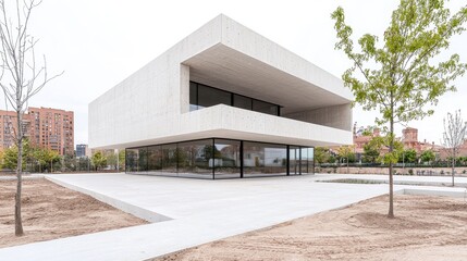 Modern Concrete Building in Park Setting, Daylight, Urban Landscape, Architectural Photography
