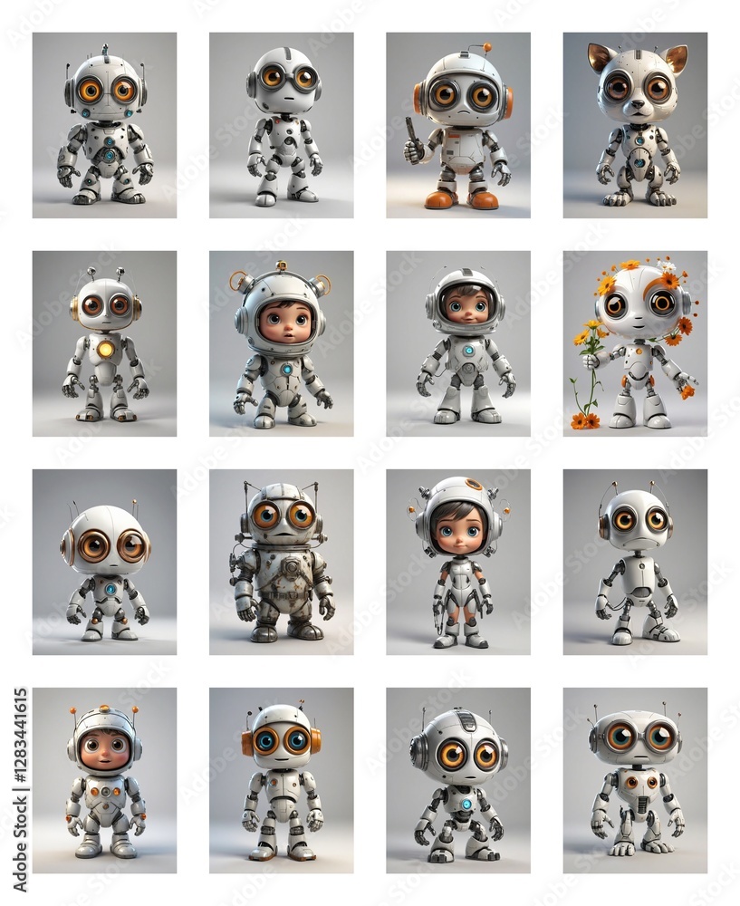 Poster A grid of sixteen cute cartoon robots with different designs on a white background. The robots are whimsical and playful in style.