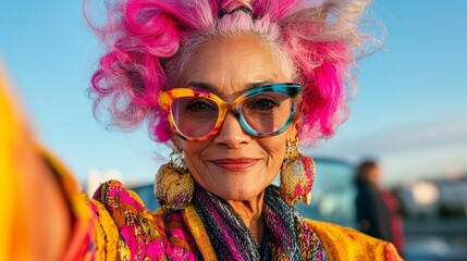 Woman with pink hair and colorful glasses is taking a selfie. She is wearing a yellow jacket and a multicolored scarf