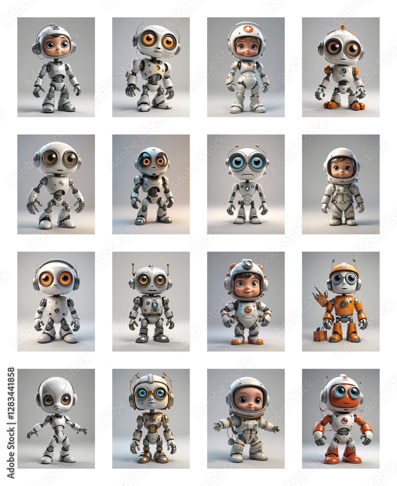 Poster collection of cartoonish robots with diverse designs and color accents, some wearing helmets, are st