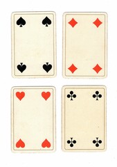 Four antique playing cards of the same value on a white background.