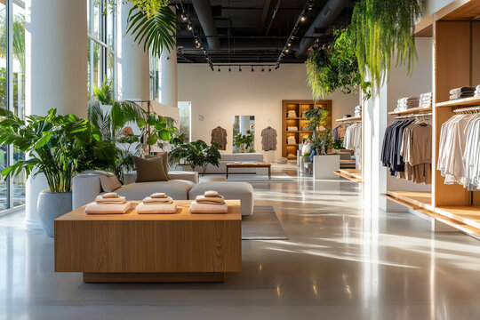 Contemporary retail store showroom interior features curated fashion apparel and elegant design elements for an immersive shopping experience