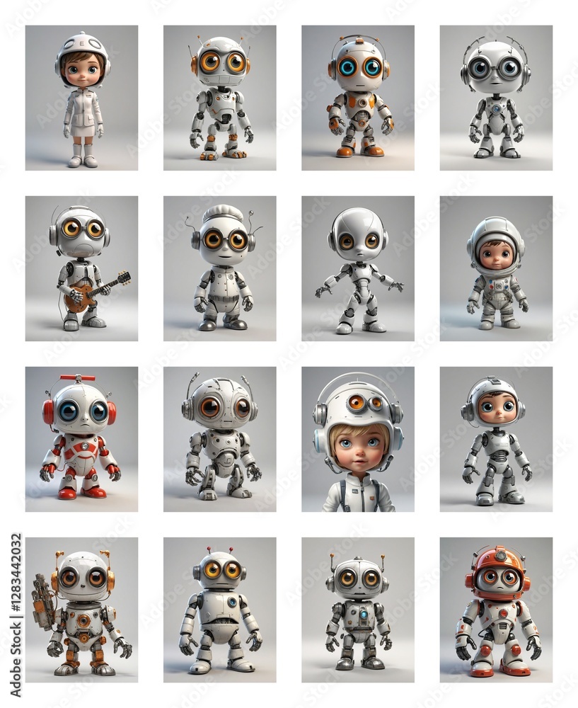 Poster Various cartoon robots and one child in a robot suit are displayed in a grid of 16 images, all against a neutral background.