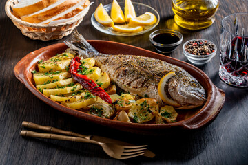 Appetizing baked dorado fish with potato, lemon, red chili pepper and spices in a clay plate, closeup. Healthy food concept, roasted dorado with garnish. Whole grilled fish for eat