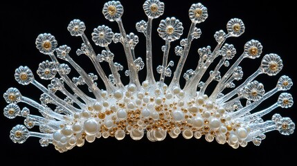 Ornate tiara design,  close-up,  black background,  jewelry