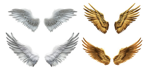 Fototapeta premium Golden angel wings with intricate details, set on transparent background. PNG with transparency, AI