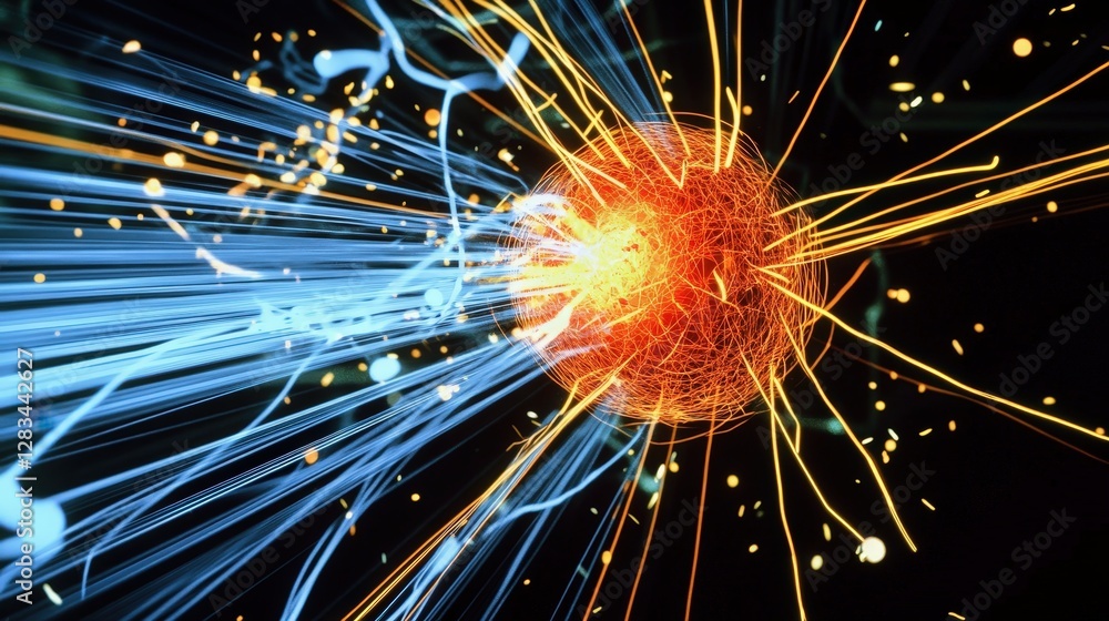 Poster a virtual reality representation of subatomic particles, with the proton labeled and highlighted