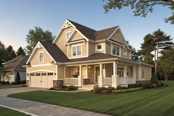 A perfect neighbourhood. Houses in suburb at Summer in the north America. Luxury houses with nice landscape