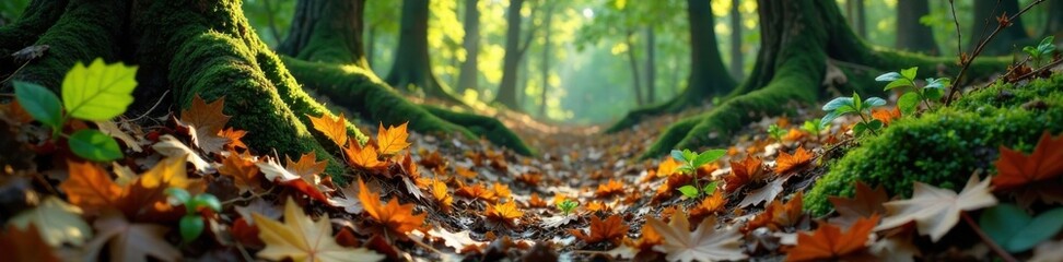 Earthy forest floor with fallen leaves and vines , vegetation, nature, forest floor
