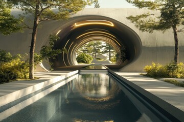 Modern architectural design features a tranquil water pathway surrounded by greenery