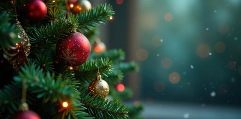 Evergreen Christmas tree with colorful ornaments and lights, evergreen, festive