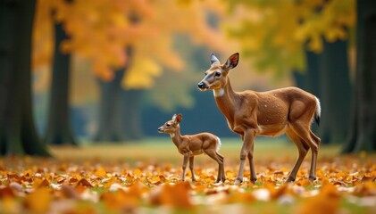 Family of deer playing in the fallen leaves of autumn park, game, play