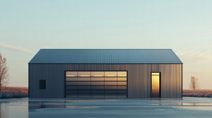 Fototapeta premium Modern Structure and Natural Light: A contemporary building with clean lines and a minimalist aesthetic, featuring large glass doors and windows that offer a glimpse of the sun