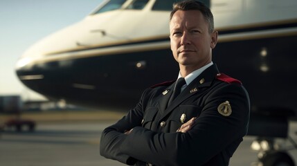 A confident airline pilot, standing with arms crossed in front of a commercial airplane