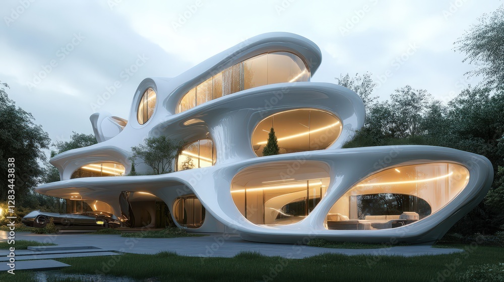 Poster futuristic architecture with smart materials that adjust transparency, ai-managed climate control, a