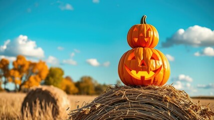 A carved and lit jack-o'-lantern pumpkin sits atop a stack of dried hay bales in a sunny autumn field with a bright blue sky and fluffy white clouds on a crisp autumn day., jack-o'-lantern, pumpkin