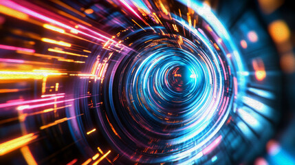 Illuminated Digital Tunnel: Captivating view through a swirling tunnel of vibrant neon lights, hinting at a journey through technology, data, and the digital world.