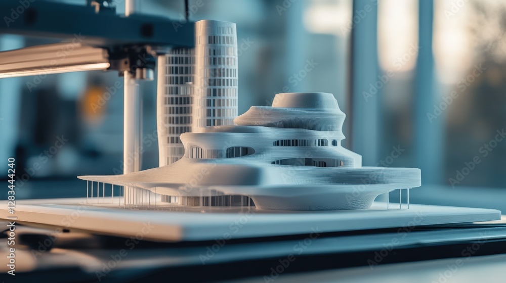Poster 3d printer creating architectural models, demonstrating how architects use 3d printing in design and