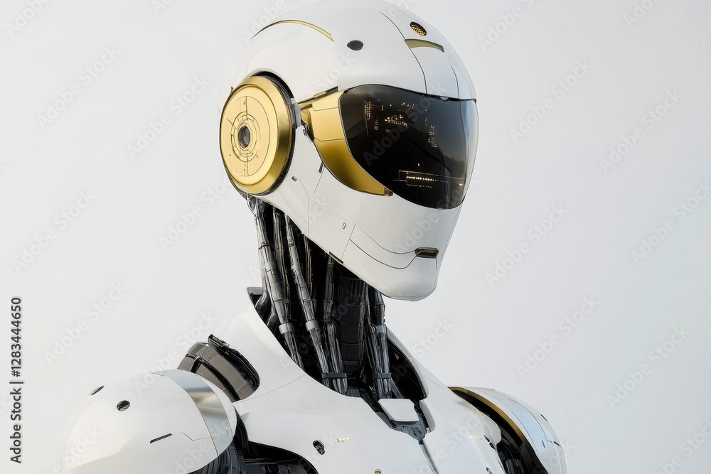 Poster futuristic humanoid robot with sleek design and advanced features in a modern setting