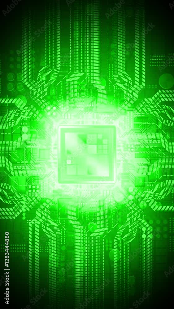 Poster computer processor in green color palette - 3d 4k vertical animation (2160x3840 px)