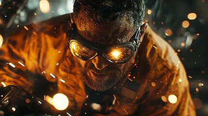 A welder suffering an eye injury due to missing safety goggles, sparks flying chaotically, intense lighting reflecting off metal surfaces, emergency responders arriving, cinematic realism,