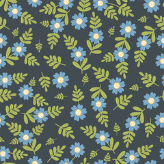 Seamless floral pattern with blue flowers and green leaves on dark background. Botanical decorative texture. Design for wallpaper, textile, wrapping paper, fabric, invitation. Vector illustration