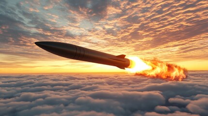 Rocket launches into the sky during sunset with dramatic clouds and bright flames trailing behind