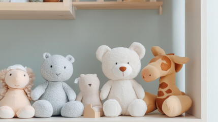 Adorable soft toys displayed on bookshelf for nursery decor inspiration