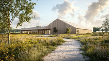 Fototapeta premium Modern Architecture in Nature: A contemporary building blends seamlessly into a natural landscape with wooden paneling and expansive glass windows.