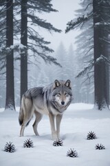 Naklejka premium Majestic wolf standing among pine cones in a snowy forest during winter