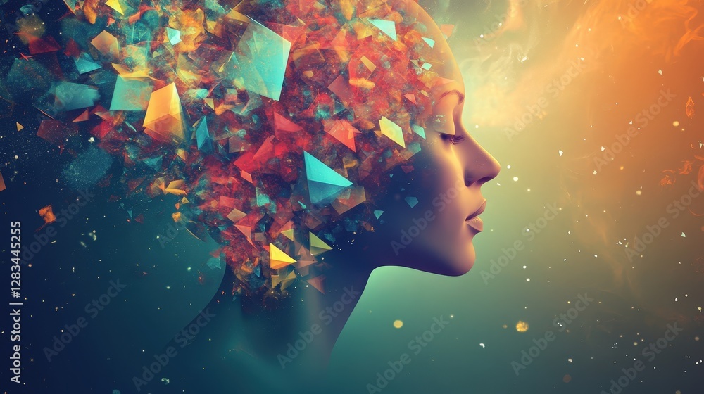 Poster abstract thoughts, with floating geometric shapes and colors symbolizing a complex thought process