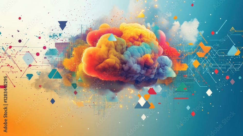 Aufkleber abstract thoughts, with floating geometric shapes and colors symbolizing a complex thought process