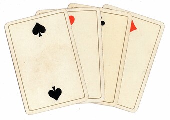 Four antique playing cards of the same value on a white background.