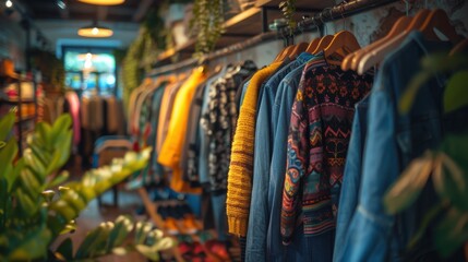 Colorful Clothing Rack in Boutique Setting with Plants and Warm Lighting, Showcasing Fashionable Lifestyle Choices